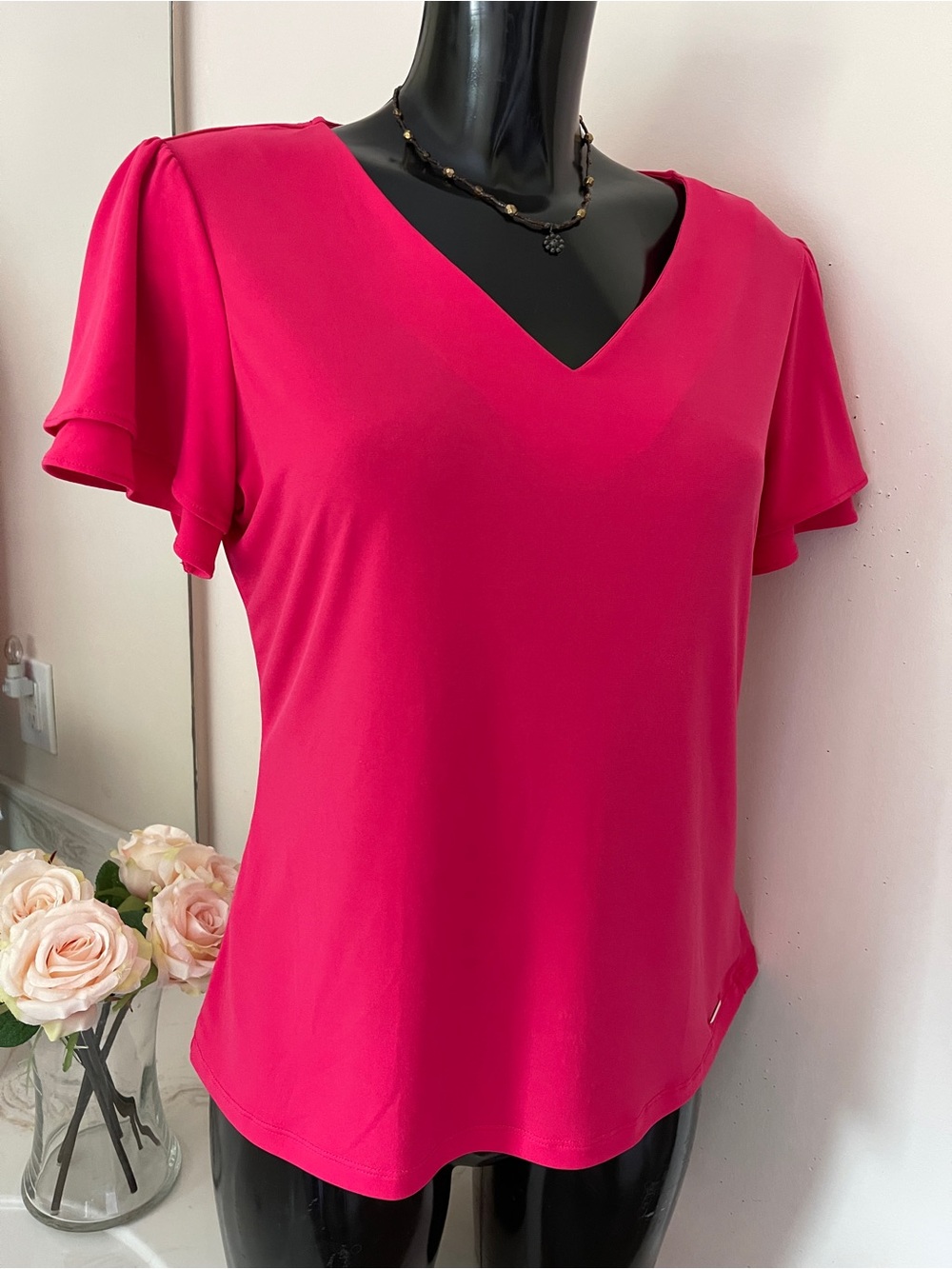 CALVIN KLEIN Pink Women’s Top Size M Flutter Sleeves T-Shirt MEDIUM Stretch Sz 8